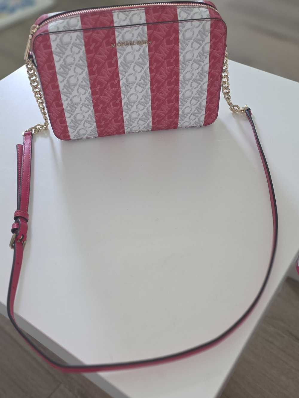 Michael Kors Pink & White Stripe Jet Set Leather Crossbody